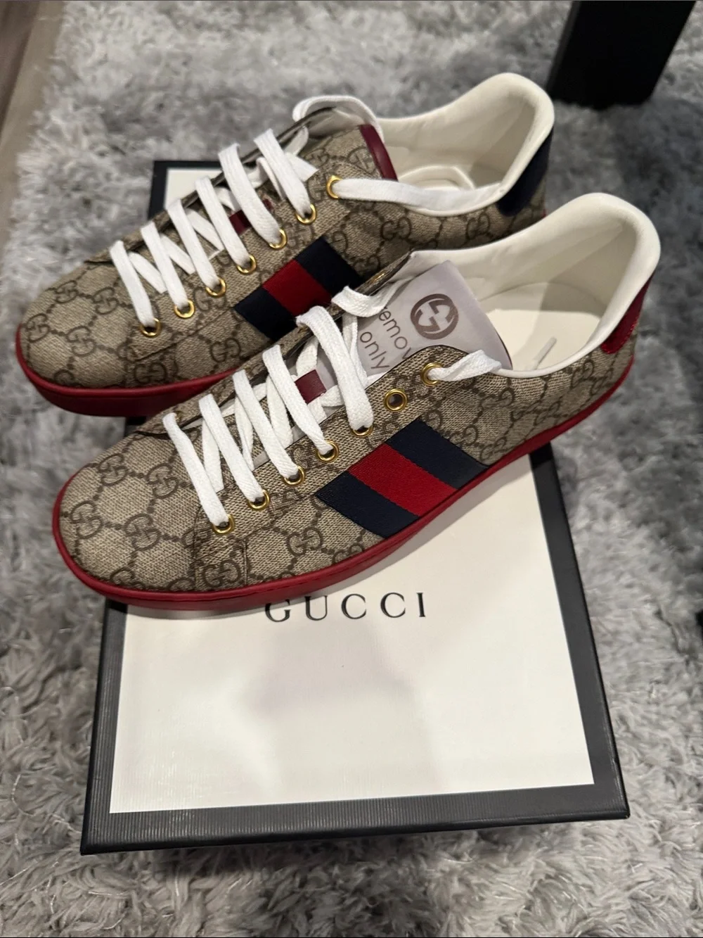 Gucci Beige GG Canvas Sneakers with Red & Navy Web